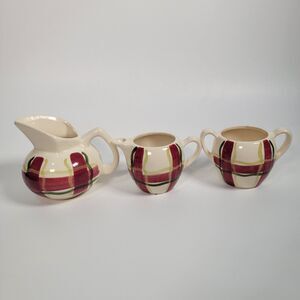 Purinton Red Normandy Plaid Set of 3: Pitcher, Cream Pitcher, and Sugar Bowl